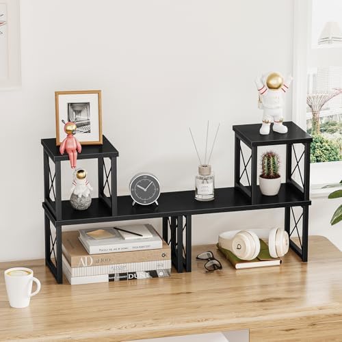 Honiter 2 Sets Desk Shelf, Desktop Organizer Shelf, Freestanding Small Bookshelf Desk Organizer, 2 Tier Independent Stackable Desktop Shelves, Desktop Office Storage Rack Display Shelf, Black - Image 4