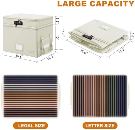 DocSafe File Box with Lock,Multi-Layer Fireproof Document Box Collapsible File Storage Organizer with Pockets/Handle,Large Portable Home Office Filing Box for Hanging Letter/Legal Size Folders,Beige - Image 5