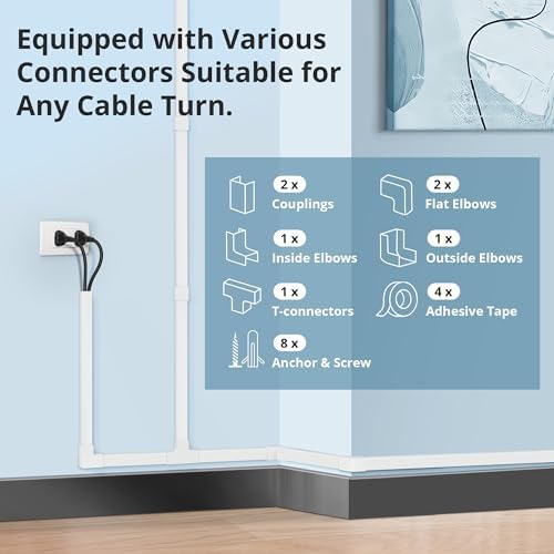 Cord Covers for Wires on Wall Extra-Long, 13.12ft TV Cord Hider Kit, Paintable Cable Management Concealer, TV Wire Hider for Wall, White Cable Raceway Channel, 4 x L39in x W0.95in x H0.55in - Image 4