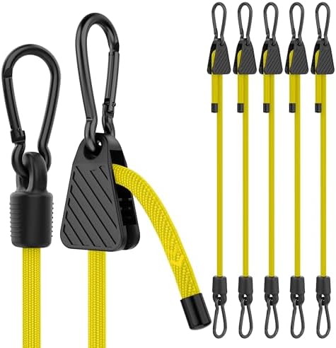 Bungee Cords with Hooks, 60 Inch Yellow Adjustable Bungee Cords with Carabiner Heavy Duty Outdoor, 8mm Thick Easy to Adjust Bungee Rope UV Resistant for Tarp, Bike Rack, Garden, Tension, 6 Pack by Rugtol