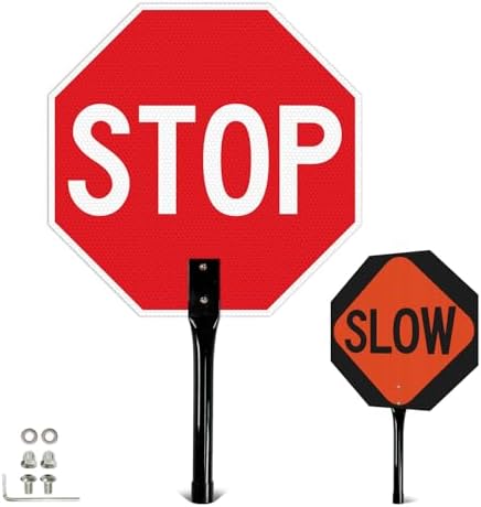 T&R (1 Pack) Large Stop Slow Sign with Handle, 18 x 18 Inches Double Sided Stop/Slow Traffic Sign, Rust Free Aluminum Reflective, Weather Resistant, Waterproof, Fade Resistant, Easy to Mount(Orange) by TR