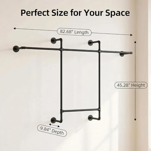 Industrial Pipe Clothing Rack, Hanging Garment Rack, Wall Mounted Pipe Clothes Rack with Four Hanging Rods, Heavy Duty Garment Rack, Industrial Steampunk Closet Organizer Hall Tree (Metal Pipes-Black) - Image 2