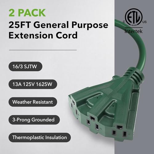 BN-LINK 25Ft Outdoor Extension Cord with 3 Outlets, 2-Pack, 16/3 SJTW, 13-Amp Power Cord for Lighting, Landscaping & Holiday Decorations, Grounded, ETL Listed - Image 2