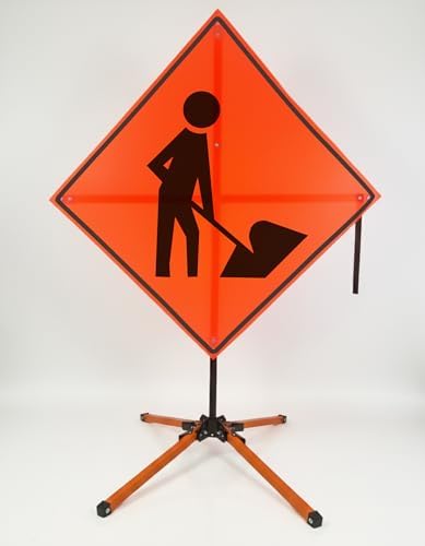 Traffic Roll-Up Sign Kit with Stand – Collapsible Safety Sign & Heavy-Duty Portable Stand, High Visibility, Easy Setup (Worker Symbol, Mesh) by EASTERNMETALSIGNSANDSAFETY