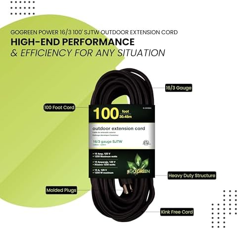 Go Green Power 16/3 100ft Black Outdoor Extension Cord - Heavy Duty, Moisture Resistant, 10 Amps, 1250 Watts - Perfect for Tools & Equipment - G-13700BK - Image 4