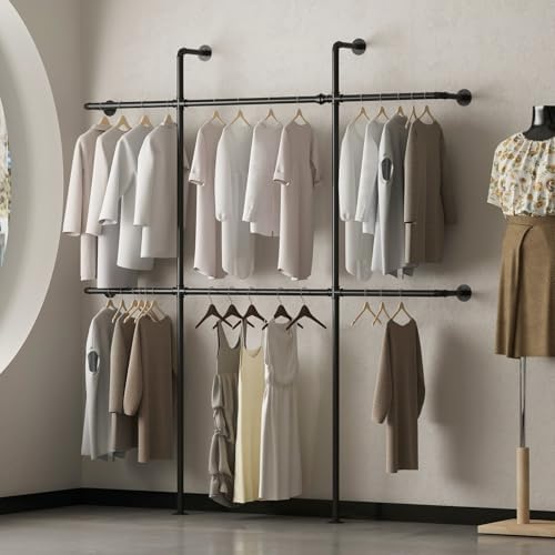 Industrial Pipe Clothing Rack Wall Mount, Black Pipe Clothes Rack with 6 Hanging Rods, Heavy Duty Pipe Clothing Rack for Laundry Room, Closet Systems for Walk in Closets - Image 2