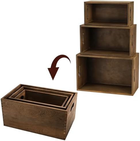 Hedume Set of 3 Nesting Wooden Crates, Wood Crate Box with Handle, Rustic Brown Decorative Wood Storage Crates Container, Stackable Cube Basket Bins Organizer for Home, Office, Closet, Shelf - Image 2