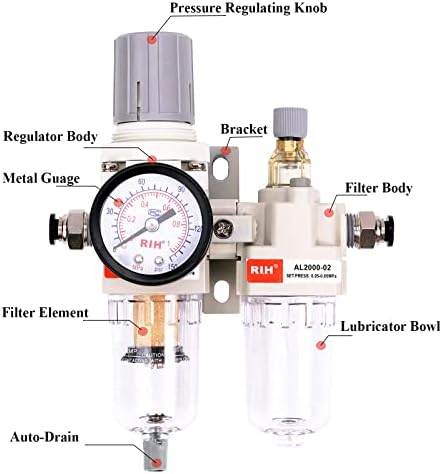 RIH Pneumatics 1/4“ NPT Compressed Air Filter Regulator Lubricator Combo Water/Oil Trap Separator - Gauge(0-150 psi), Auto Drain and Manuall-Drain,Poly Bowl,Bracket - 3 in 1 Two Unit - Image 2