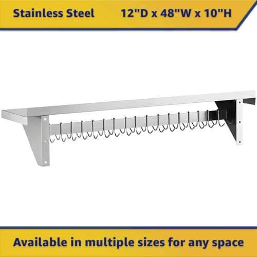 12" x 48" NSF Stainless Steel Wall Shelf, Heavy Duty Pot Pan Rack with Hooks, Commercial Kitchen - Image 2