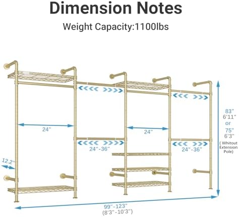 Timate F4 Wall Mounted Clothes Rack Industrial Pipe Clothing Rack for Hanging Clothes, Expandable Garment Rack Heavy Duty Wardrobe Closet Organizer and Storage, Adjustable Industrial Closet Kit, Gold - Image 5