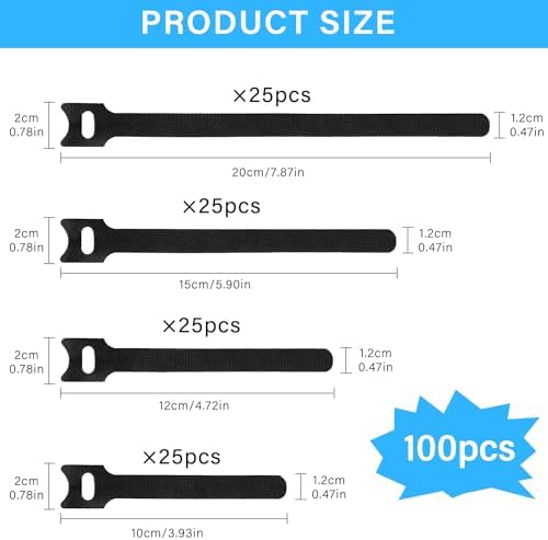 100pcs Reusable Cable Ties - Hook and Loop Straps for Cable Management - Adjustable Cord Organizer & Wire Ties for Electronics, Home, Office & Desk - 4 Sizes (8/6/5/4 Inch) - Image 2
