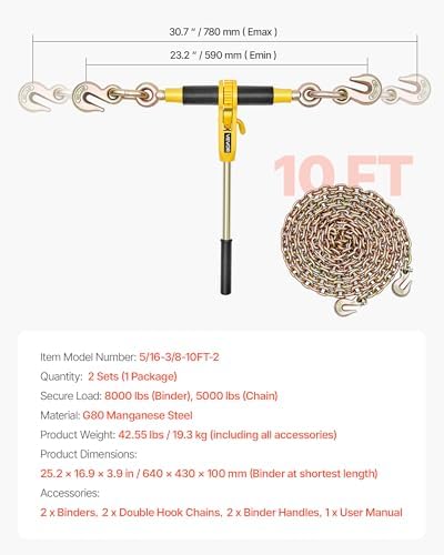 VEVOR Ratchet Chain Binder, 5/16 in x 10 ft G80 Chains, 8000 lbs Working Load of Ratchet Load Binder, Chains and Binders Set, Tie Down Hauling Chain Binders for Hauling, Towing, Logging, Lifting - Image 7