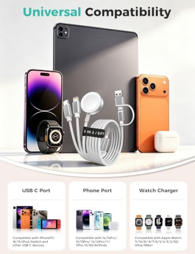 Travel Essentials,3 in 2 USB C Cable for Apple Watch Charger,iPhone Charger,Multi Charging Cable,Cruise Vacation Camping Portable for iWatch Series 11-2/Ultra/SE & iPhone 17-12,Car,White-6FT - Image 3