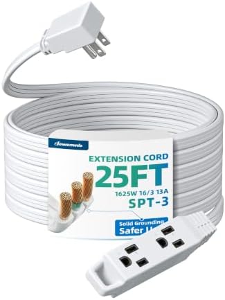 DEWENWILS 25FT White 3 Outlet Flat Plug Extension Cord 16/3, ETL Listed by DEWENWILS