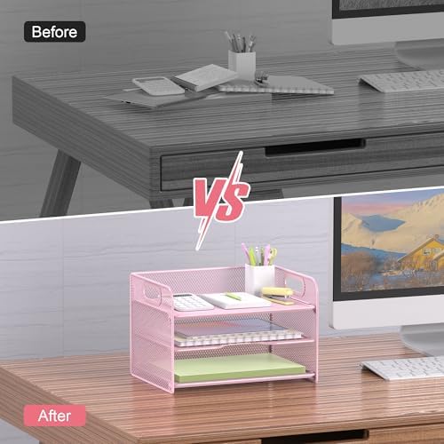 Samstar 3 Tier Pink Letter Tray Paper Organizer with Handle, Mesh Desk Organizer Paper Sorter File Rack Shelves, Pink - Image 5