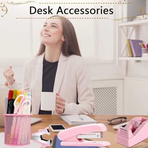 Office Supplies,Desk Accessories, Stapler and Tape Dispenser Set for Women with Stapler, Tape Dispenser, Staple Remover, Staples, Clips, Scissor and Tabs,Gift for Students, Coworkers - Image 7
