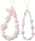 2 Pcs Phone Charm Strap Hand for iPhone Wrist Strap Camera Lanyard Pearl Beaded Cute Chain String Accessories Universal for iPhone 17 Pro Max 16 15 Samsung Women Girls Keychain Bow Flower Blue Flower by Casecond