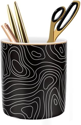 Large Capacity Pen Holder, Pencil Cup for Desk, Cute Makeup Brush Holder, Durable Ceramic Organizer Decor for College, Office, Classroom, Abstract Geometric Pattern by WAVEYU