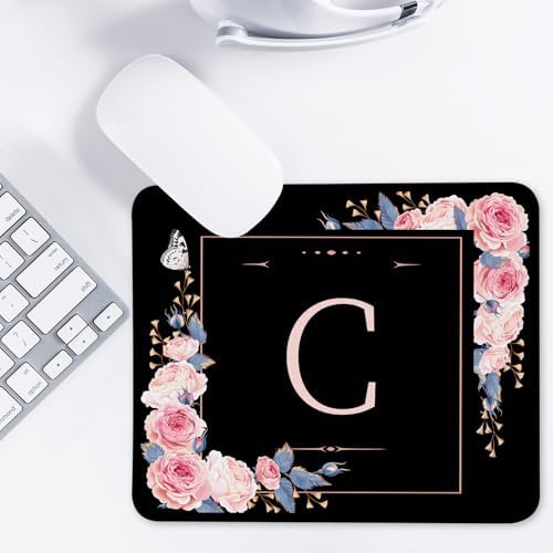 Letter C Black and Pink Flowers Square Mouse Pad, Mouse Pad with Stitched Edge and Non-Slip Rubber Base,Mouse Mat,Home Office Decor Desk Accessories,9.4x7.8x0.12 inch Square Mouse Pad - Image 7