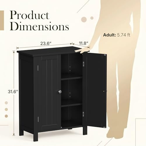 SUPER DEAL Modern Bathroom Floor Storage Cabinet with Adjustable Shelf and Double Door Rust Proof, Living Room Modern Home Furniture Storage Organizer Cabinet, Black - Image 3