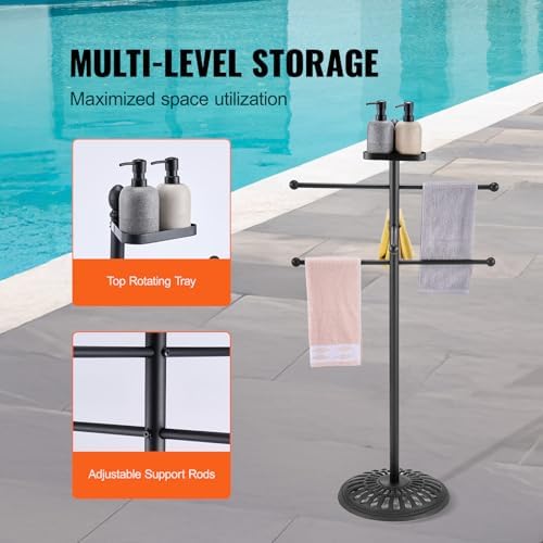VEVOR Towel Rack, 3 Bars Outdoor Towel Holder with Metal Base, Freestanding Pool Towel Hanger Stand Next to Hot Tub, Outdoor or Indoor Quilt Drying Rack Organizer for Pool, Bathroom, Spa, Black - Image 3
