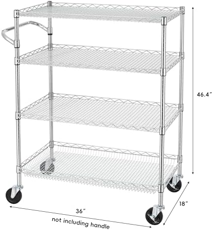 Finnhomy 4 Tier Heavy Duty Commercial Grade Rolling Cart with Handle Bar, Metal Wire Utility Cart with Wheels, Kitchen Service Trolley on Wheels, Shelf Size 18" D x 36" W, NSF, Chrome - Image 3