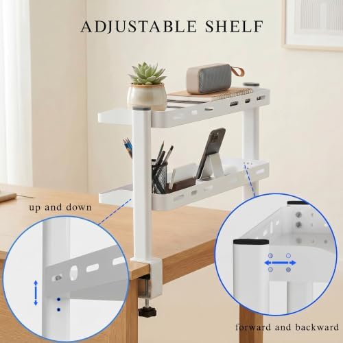 Clamp on Desk Shelf White, 2-Tier Office Desk Shelves Organizer, 17in Small Shelf for Top of Desk with Headphone Holder, Hooks, Desktop Storage Rack for Home Workspace, Study Rooms, Gaming Accessories - Image 5