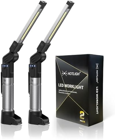 HOTLIGH Work Light Rechargeable - 800 Lumens Work Light with Multifunctional Foldable Design, 2200 mAh Magnetic Flashlight, 3 Lighting Modes Mechanic Flashlight for Car Repairing/Emergency, 2 Pack by HOTILIGHLUX
