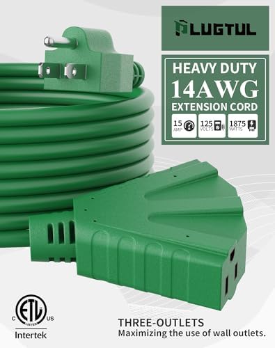 PLUGTUL 100FT Outdoor Extension Cord with Multiple Outlets | 14 Gauge, 3-Outlet, SJTW, 15A 14AWG 1875W SJTW, ETL Listed - Great for Christmas Decoration Lights, Green - Image 2