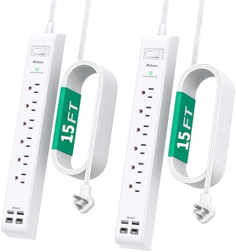 2 Pack Extension Cord 15FT, Power Strip Surge Protector with 6 Outlets and 4 USB Ports (2 USB C), Flat Plug Overload Protection, Extension Cord with Multiple Outlets, Wall Mount for Home Dorm College by Mifaso