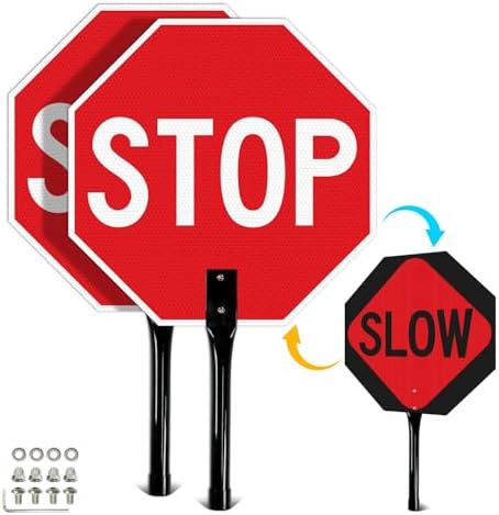 T&R (2 Pack) Large Stop Slow Sign with Handle, 18 x 18 Inches Double Sided Stop/Slow Traffic Sign, Rust Free Aluminum Reflective, Weather Resistant, Waterproof, Fade Resistant, Easy to Mount. by TR
