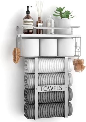 Towel Racks for Bathroom Wall Mounted - Bath Wall Towel Holder Set Above Toilet Storage, Rolled Towel Shelf Organizer for Small Bathroom, Wood Vertical Towel Rack for Bathroom Wall Decor Silver by Aetyord