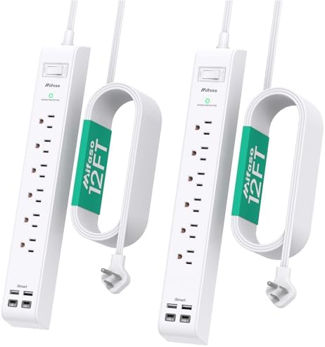 2 Pack Long Extension Cord, 12FT Power Strip Surge Protector with 6 Outlets and 4 USB Ports (2 USB C), Extension Cord with Multiple Outlets, Flat Plug Overload Protection, Wall Mount for Dorm College by Mifaso
