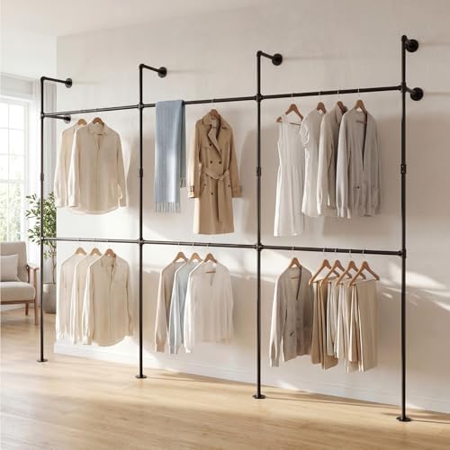 Giantex Industrial Pipe Clothing Rack, 118" Wall Mounted Heavy-Duty Metal Garment Organizer with 6 Hanging Rods, 2-Tier Walk-in Closet System for Wardrobe Closet, Retail Display by Giantex