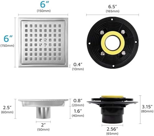 6" Square Shower Drain with Flange, Brushed Nickel, Grate Removable - Image 3