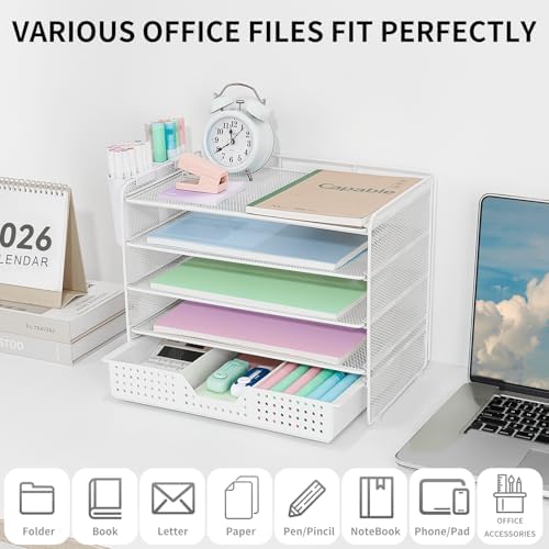 LEKETREE Desk Organizer and Accessories, 5-Tier Paper Letter Tray Organizer with Drawer & 2 Pen Holders for Desktop File Organization, Office Desk Accessories for Supplies Storage (White) - Image 3