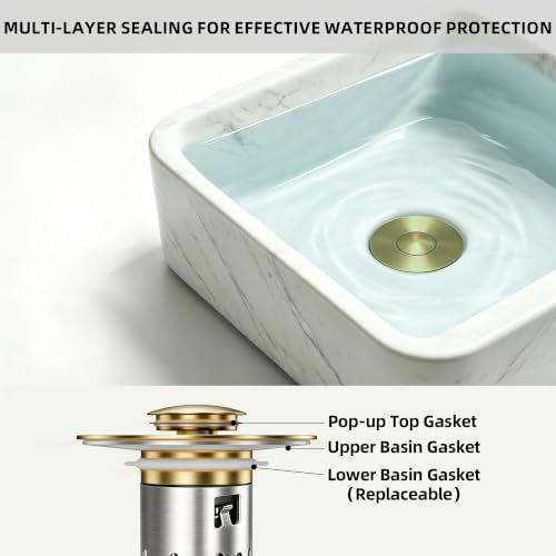3 in 1 Bathroom Sink Drain Strainer, Universal Pop Up Bathroom Sink Stopper with Removable Hair Catcher Anti-Clog Filter Basket Brass & Stainless Steel Brushed Gold 2 PCS - Image 5