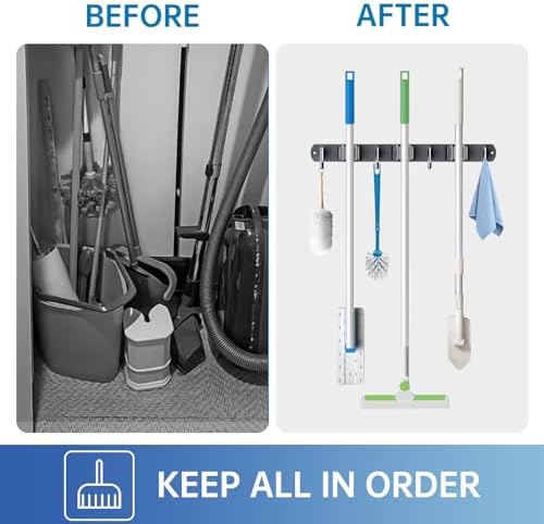 ZONGOOL 2 Pack Mop Broom Holder Wall Mount 3 Racks 4 Hooks Storage Black - Image 5