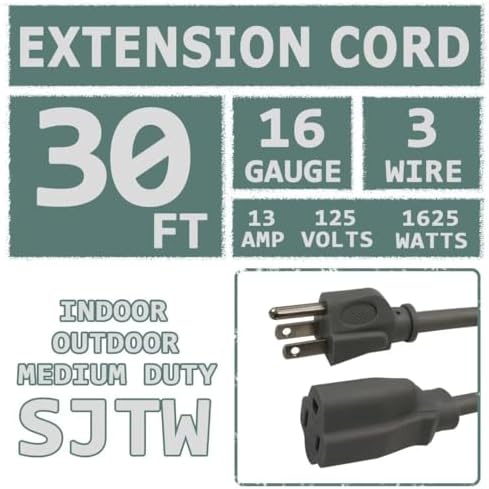 Indoor Outdoor Extension Cord 30 FT Waterproof, 16/3 Gauge Heavy Duty Gray Extension Cords, 13A 1625W SJTW Extension Cord with 3 Prong Grounded Plug, Great for Tools, Lights, UL Listed. - Image 2