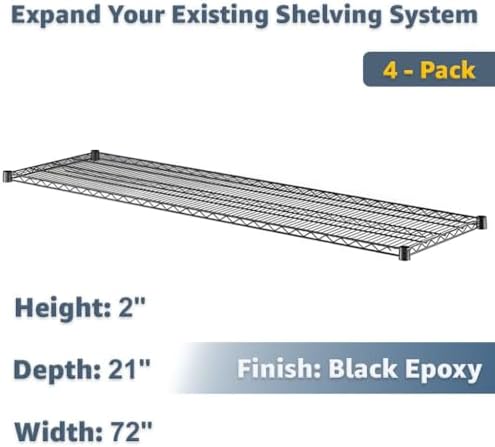 21" x 72" Extra Wire Shelves 4 Pack for Storage Racks, NSF Black Finish, 600 lb Capacity - Image 2