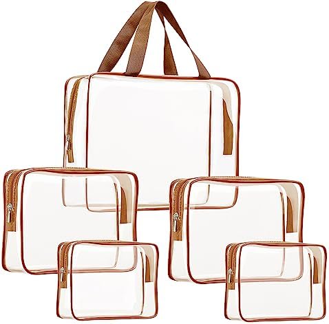 5Pcs Crystal Clear PVC Travel Toiletry Bag Kit for Women Men, Waterproof Vinyl Packing Organizer Storage Bags with Zipper Handle Straps, Cosmetic Pouch Carry on Airport Airline Compliant Bag Handbag by ROYBENS