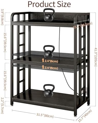 Baker's Rack with Power Outlet, 3-Tier Adjustable Microwave Cart, Black - Image 3
