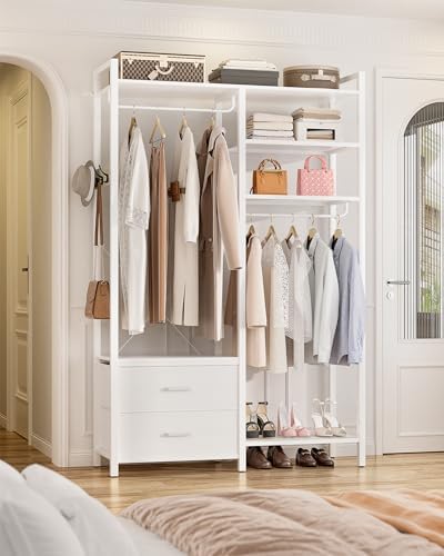 78.7'' Clothes Rack for Hanging Clothes - Reversible Clothing Rack with 2 Drawers, Heavy Duty Garment Racks with Shelves, 6 Tiers Freestanding Portable Closet Wardrobe System with Hanging Hooks, White - Image 5