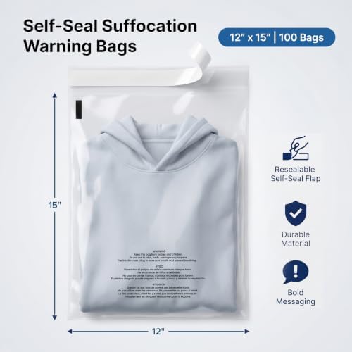 12” X 15” (100 Count) Self Seal Clear Poly Bags with Suffocation Warning - Image 2