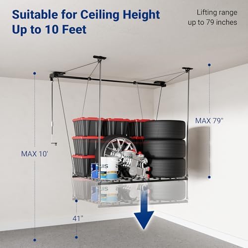 FLEXIMOUNTS GL1 Overhead Garage Lifting Storage Rack, 4x4 Ft Heavy-Duty Metal Garage Ceiling Rack, Adjustable Organization System With 71''L Axle, 350lbs Weight, Black - Image 5