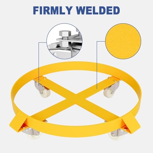55 Gallon Drum Dolly, 1000 Lbs Heavy Duty Barrel Dolly Cart with Steel Frame, 4 Swivel Casters & 2 Locking Wheels, 2 Pack, Yellow - Image 2