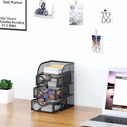 EasyPAG Mesh Desk Organizer with 3 Drawer Office Desktop Organizers and Accessories Stationery Caddy for Office, Home, Students, Black - Image 5