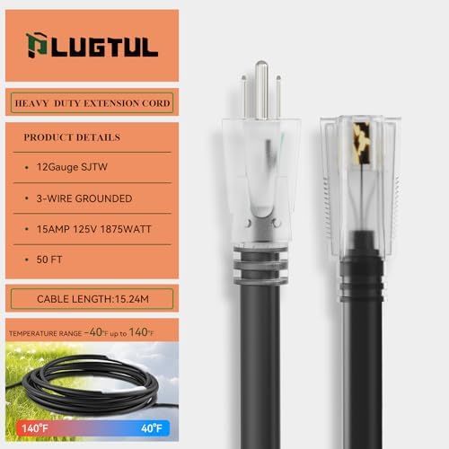 PLUGTUL 12 Gauge Extension Cord 50FT | Outdoor Extension Cord with Lighted End, Heavy Duty,15A 1875W SJTW, ETL Listed, Great for Garden and Home, Black - Image 3