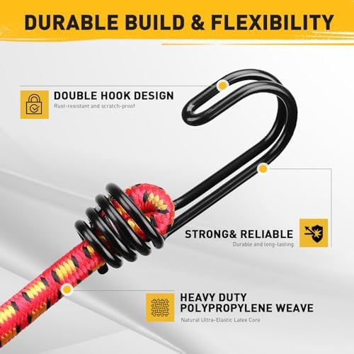 12" Elastic Bungee Cords with Hooks: 10 Pcs Bungee Cords Heavy Duty Outdoor, Bungie Cord Bundle Assortment with Metal Hook, Bungee Straps for Kayaking, Camping, Garage Storage - Image 4