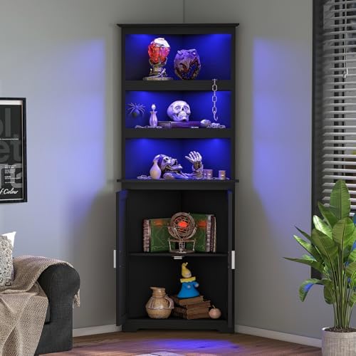 TEENFON Corner Cabinet, Tall Corner Hutch with 5 Shelves & 2 Doors, Bathroom Cabinet with Adjustable Shelf, for Living Room, Kitchen, Bathroom, Black - Image 2